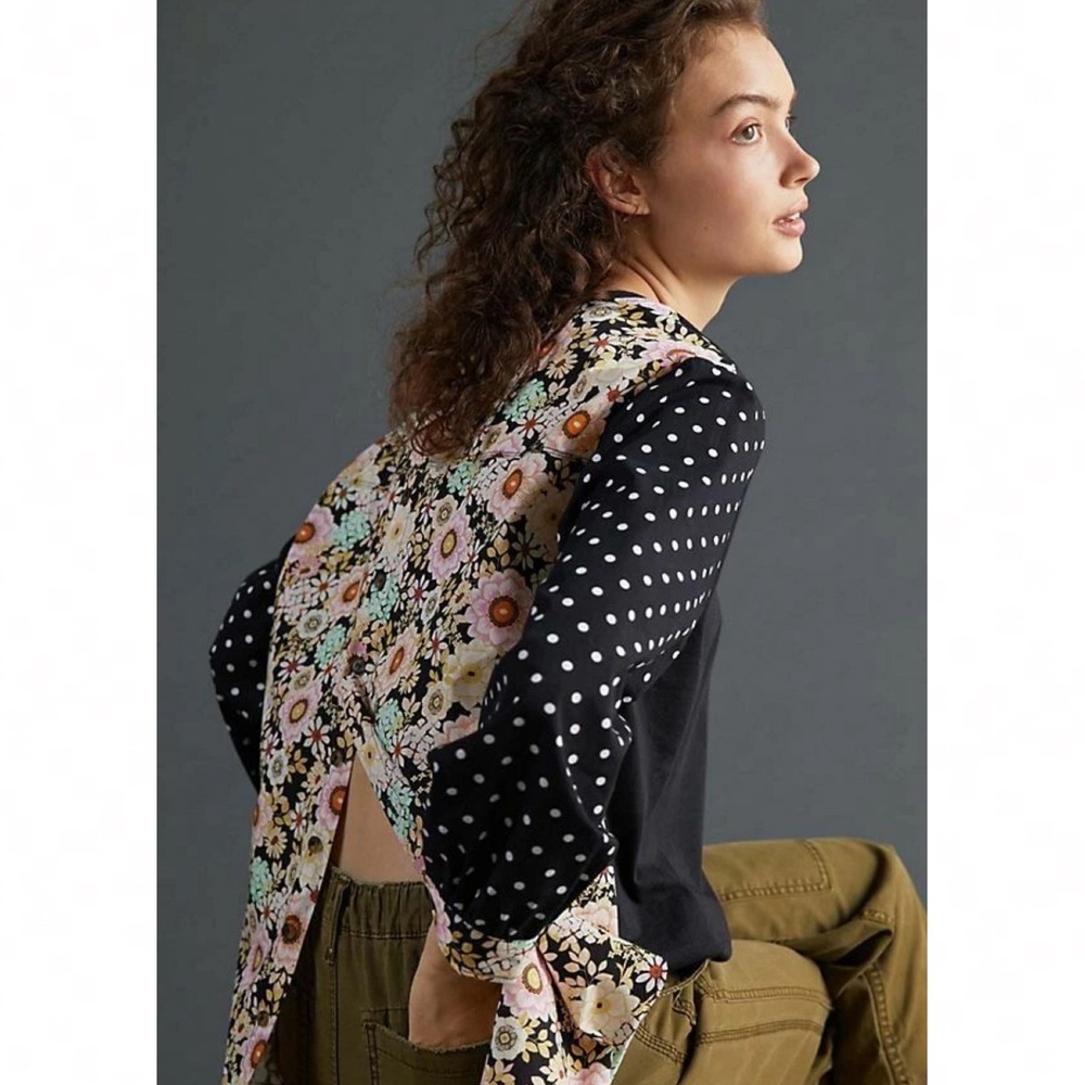 Anthropologie Maeve Split Back Top XS Black Polka Dot‎ Floral Cottagecore
